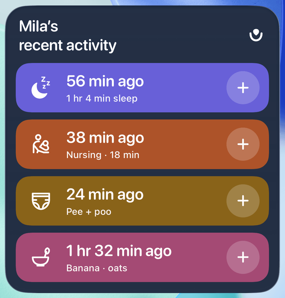 Large widget showing Mila's recent activity: sleep, nursing, diaper and solids, each with a plus button to log again