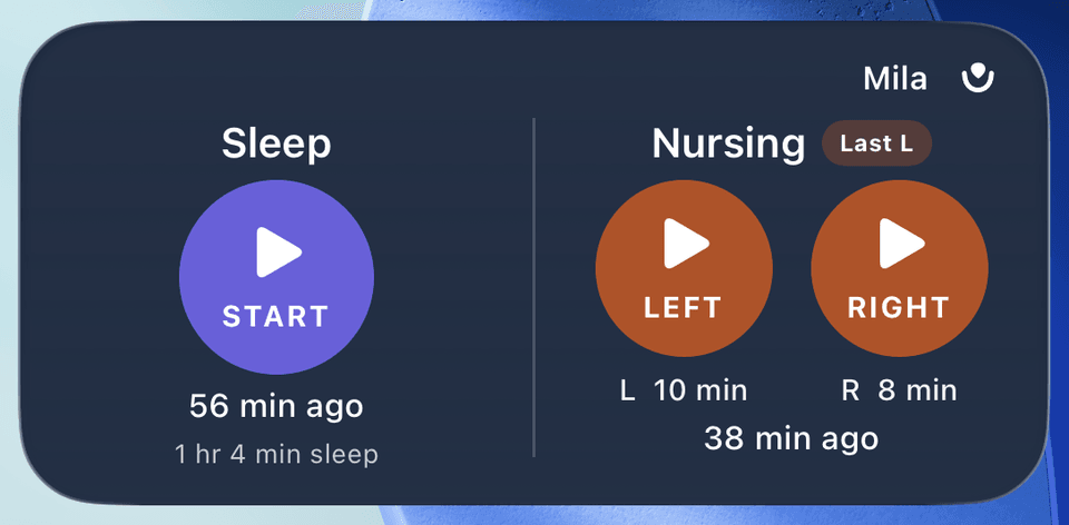 Ivaluna medium widget for Mila: a Sleep start button and Left and Right nursing buttons, with the last sleep 56 minutes ago and last nursing 38 minutes ago