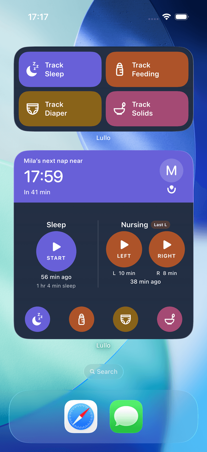 iPhone home screen with the Ivaluna Quick log widget and the Dashboard widget showing Mila's next nap near 17:59 and one-tap sleep and nursing buttons